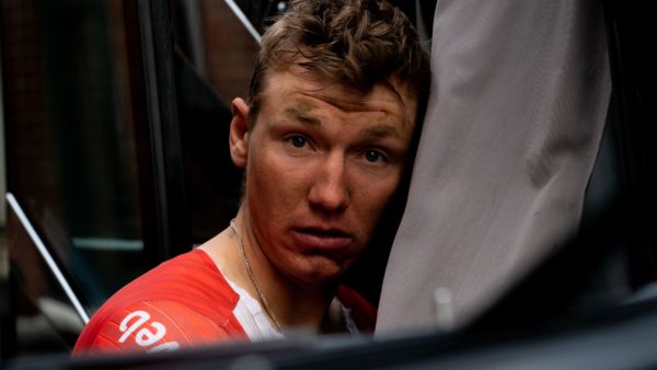 Rider looks at camera